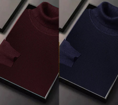 HouseOfCommon Self Design Turtle Neck Casual Men Blue, Brown Sweater