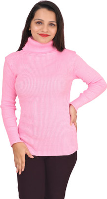 THE LITTLE BOY Solid High Neck Casual Women Pink Sweater