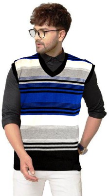 PVR Striped V Neck Casual Men Blue Sweater