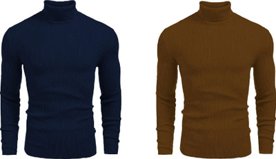 HOSUEOFCOMMON Self Design High Neck Casual Men Brown, Dark Blue Sweater