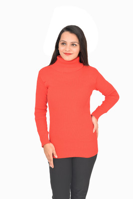 THE LITTLE BOY Solid High Neck Casual Women Orange Sweater