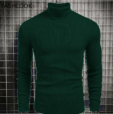 nikline Self Design High Neck Casual Men Green Sweater
