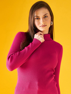 98 Degree North Self Design Turtle Neck Casual Women Pink Sweater