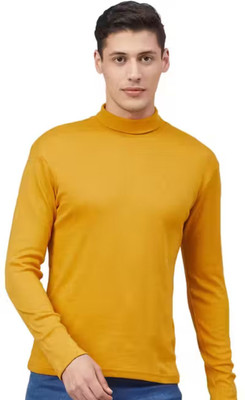At Last Fashion Solid High Neck Casual Men Yellow Sweater