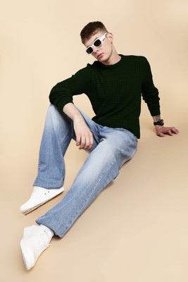 nikline Self Design Round Neck Casual Men Green Sweater
