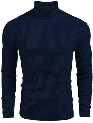 HouseOfCommon Self Design High Neck Casual Men Dark Blue Sweater