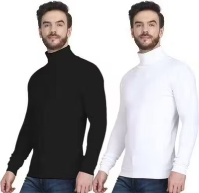 At Last Fashion Solid High Neck Casual Men Black, White Sweater