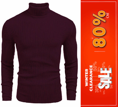 Cat Bunny Self Design High Neck Casual Men Maroon Sweater