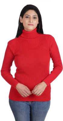 Bodytech Striped High Neck Casual Women Red Sweater