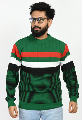 WoolCraft Striped Round Neck Casual Men Green Sweater