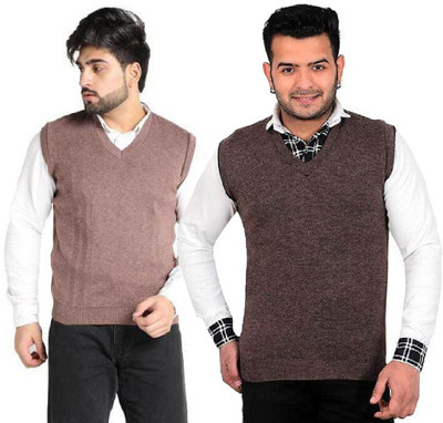 Shunit creation Solid V Neck Casual Men Brown Sweater