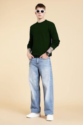 nikline Self Design Round Neck Casual Men Green Sweater