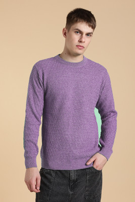 nikline Self Design Round Neck Casual Men Purple Sweater