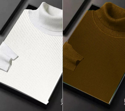 HouseOfCommon Self Design Turtle Neck Casual Men White, Brown Sweater