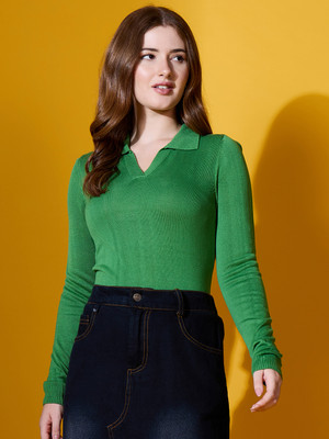 98 Degree North Solid Collared Neck Casual Women Green Sweater