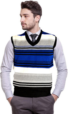 PVR Striped V Neck Casual Men Blue Sweater