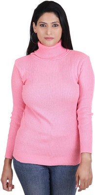 Bodytech Striped High Neck Casual Women Pink Sweater