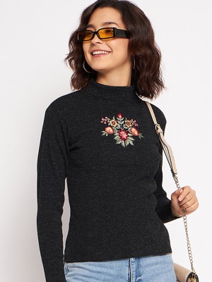 CLAPTON Embroidered High Neck Casual Women Black Sweater