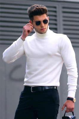 BLACK BLINK Solid Turtle Neck Party Men White Sweater