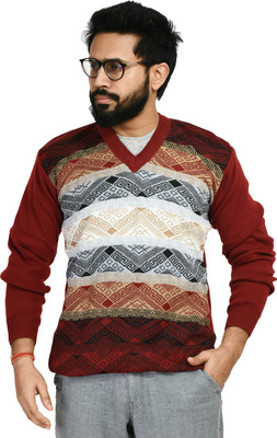 Life and style Printed V Neck Casual Men Red Sweater