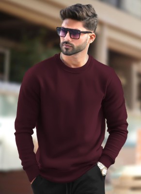 TRIPR Solid Round Neck Casual Men Maroon Sweater