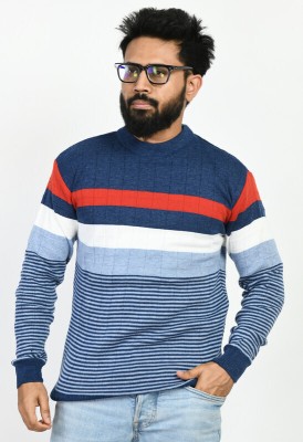 manra Striped Round Neck Casual Men Blue Sweater