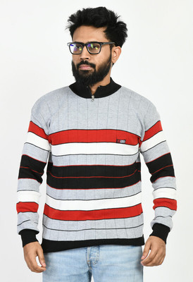 WoolCraft Striped Round Neck Casual Men Red Sweater