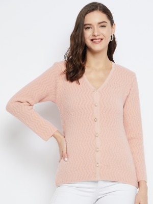 Zigo Self Design V Neck Casual Women Pink Sweater