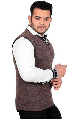 Shunit creation Solid V Neck Casual Men Brown Sweater