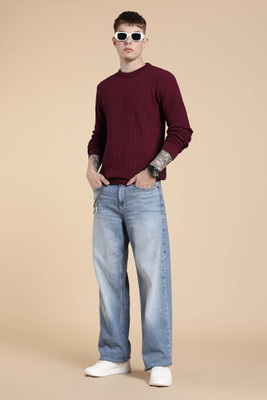nikline Self Design Round Neck Casual Men Maroon Sweater
