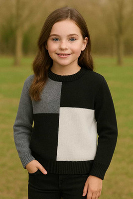 NATRIS Colorblock, Woven Round Neck Casual Girls Multicolor Sweater