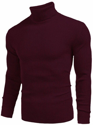FASHLOOK Solid High Neck Casual Men Maroon Sweater