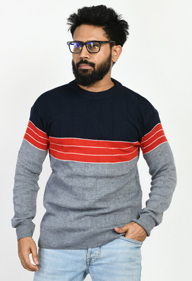 WoolCraft Striped Round Neck Casual Men Blue, Grey Sweater