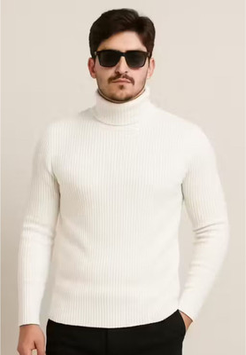 At Last Fashion Solid High Neck Casual Men White Sweater