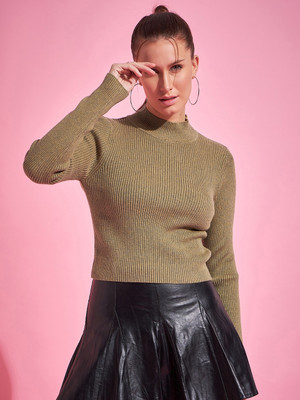 98 Degree North Self Design Crew Neck Casual Women Brown Sweater