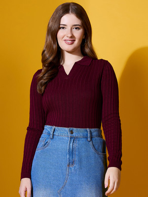 98 Degree North Self Design Collared Neck Casual Women Maroon Sweater
