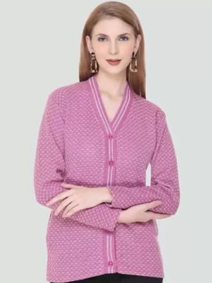 CURIOUS FASHION Printed V Neck Casual Women Pink Sweater