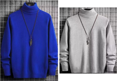 Oishee Solid High Neck Casual Men Blue, Grey Sweater