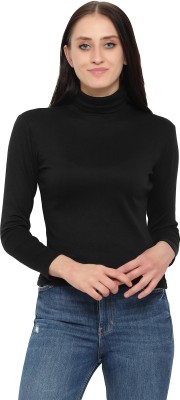 FASHA Solid Women Turtle Neck Black T-Shirt