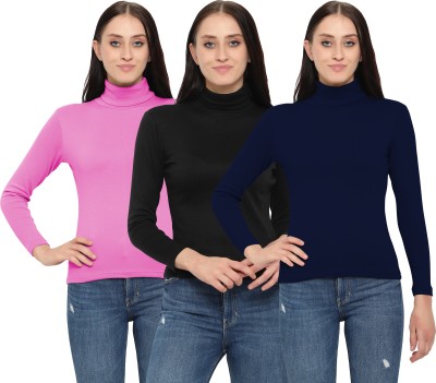 FASHA Solid Women Turtle Neck Black, Dark Blue, Pink T-Shirt