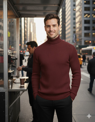 NATRIS Solid High Neck Casual Men Maroon Sweater