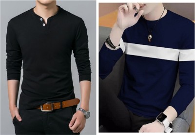 Farlucci Solid Men Henley Neck Black, Navy Blue T-Shirt