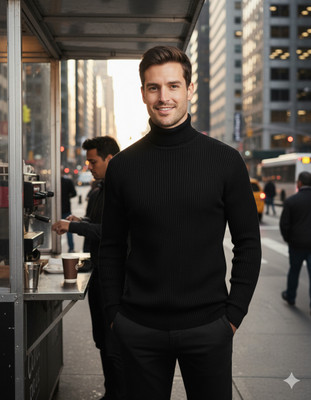 NATRIS Solid High Neck Casual Men Black Sweater