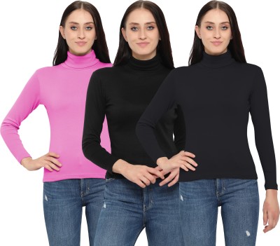 FASHA Solid Women Turtle Neck Multicolor T-Shirt