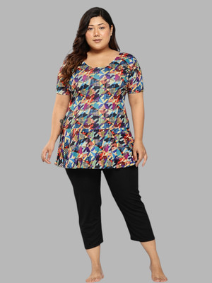 Adrenex Womens Multi-Black Colour Abstract Print Nylon Plus Size Swim Suit Printed Women Swimsuit