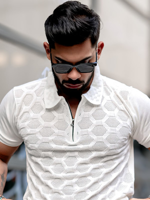 MANIAC Abstract Men Polo Neck White T-Shirt