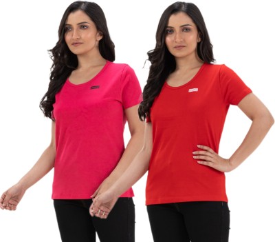STYLE AK Solid Women Round Neck Pink, Red T-Shirt