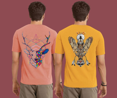 Kintu Parantu Printed Men Round Neck Pink, Yellow T-Shirt