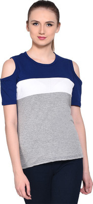 GEUM Striped Women Round Neck Dark Blue, White, Grey T-Shirt