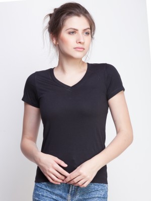 Dollar Missy Solid Women V Neck Black T-Shirt